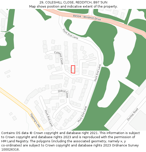 29, COLESHILL CLOSE, REDDITCH, B97 5UN: Location map and indicative extent of plot