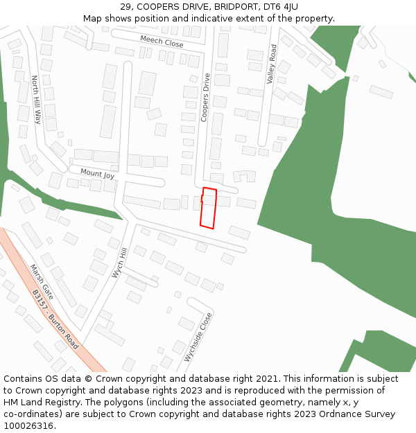 29, COOPERS DRIVE, BRIDPORT, DT6 4JU: Location map and indicative extent of plot