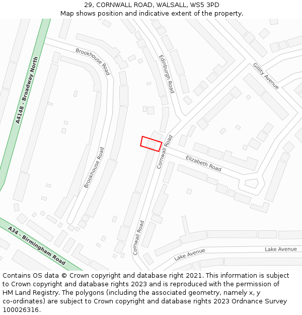 29, CORNWALL ROAD, WALSALL, WS5 3PD: Location map and indicative extent of plot