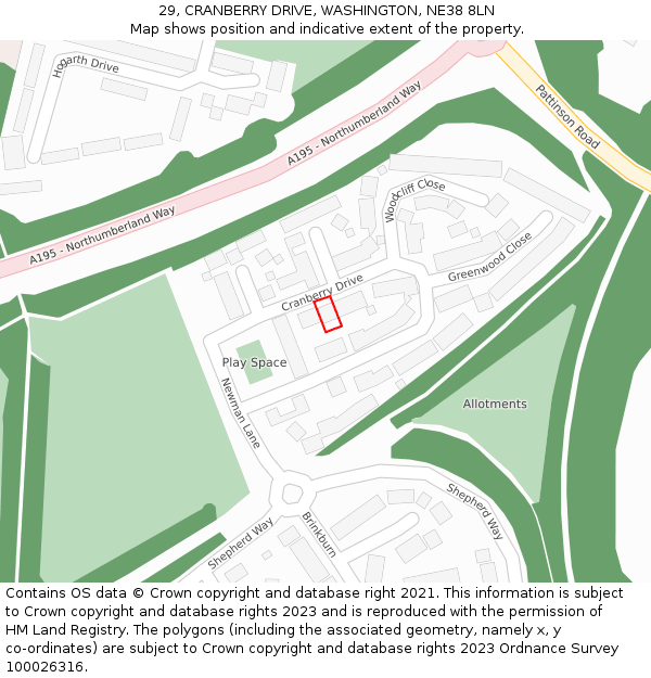 29, CRANBERRY DRIVE, WASHINGTON, NE38 8LN: Location map and indicative extent of plot