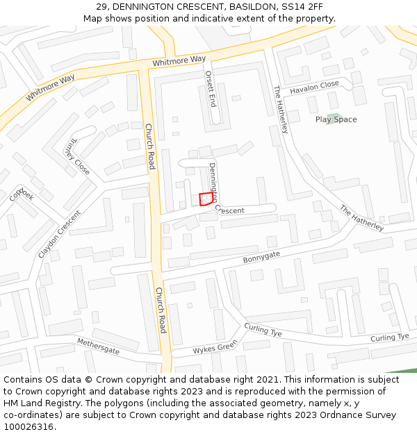 29, DENNINGTON CRESCENT, BASILDON, SS14 2FF: Location map and indicative extent of plot
