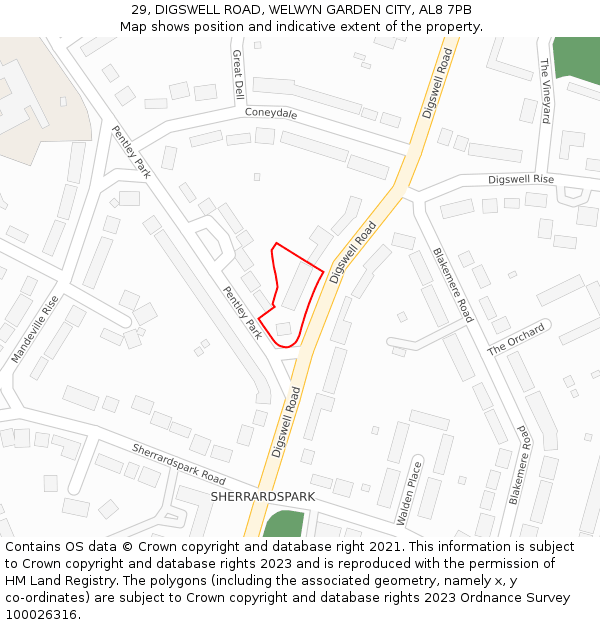 29, DIGSWELL ROAD, WELWYN GARDEN CITY, AL8 7PB: Location map and indicative extent of plot