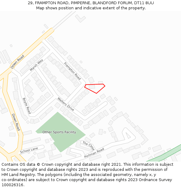 29, FRAMPTON ROAD, PIMPERNE, BLANDFORD FORUM, DT11 8UU: Location map and indicative extent of plot