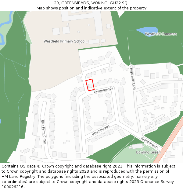 29, GREENMEADS, WOKING, GU22 9QL: Location map and indicative extent of plot