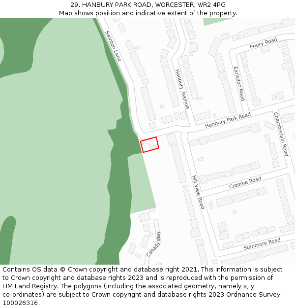 29, HANBURY PARK ROAD, WORCESTER, WR2 4PG: Location map and indicative extent of plot