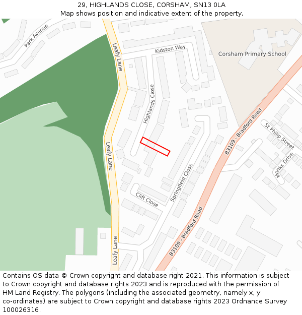 29, HIGHLANDS CLOSE, CORSHAM, SN13 0LA: Location map and indicative extent of plot