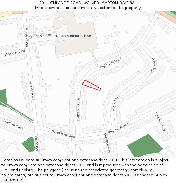 29, HIGHLANDS ROAD, WOLVERHAMPTON, WV3 8AH: Location map and indicative extent of plot