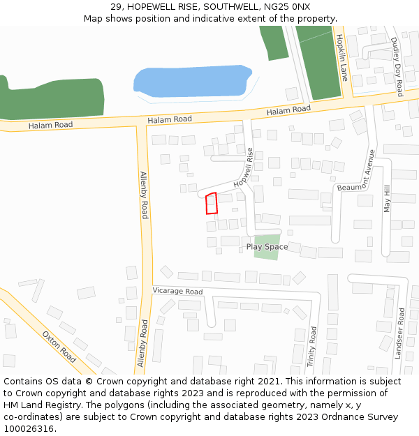 29, HOPEWELL RISE, SOUTHWELL, NG25 0NX: Location map and indicative extent of plot