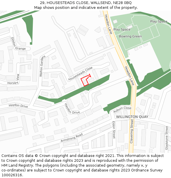 29, HOUSESTEADS CLOSE, WALLSEND, NE28 0BQ: Location map and indicative extent of plot