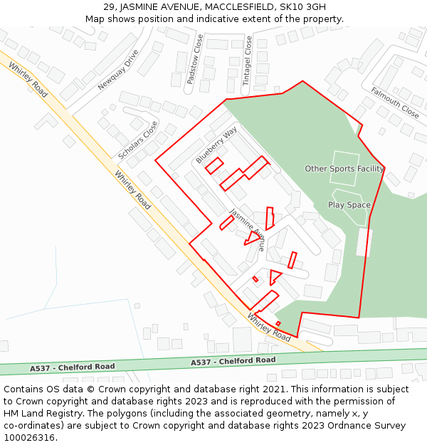 29, JASMINE AVENUE, MACCLESFIELD, SK10 3GH: Location map and indicative extent of plot