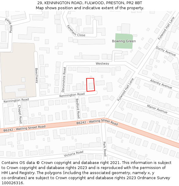 29, KENNINGTON ROAD, FULWOOD, PRESTON, PR2 8BT: Location map and indicative extent of plot