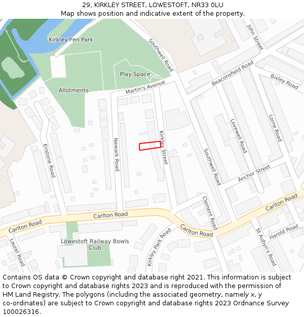 29, KIRKLEY STREET, LOWESTOFT, NR33 0LU: Location map and indicative extent of plot
