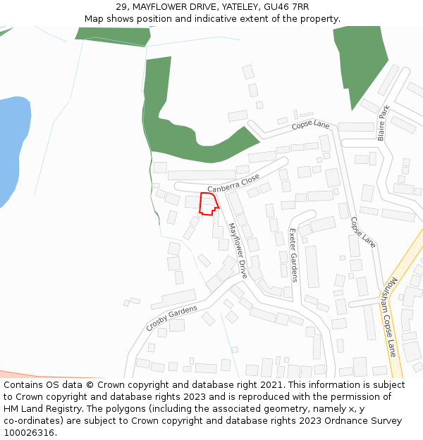 29, MAYFLOWER DRIVE, YATELEY, GU46 7RR: Location map and indicative extent of plot