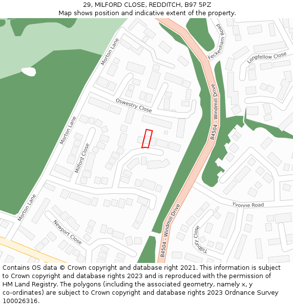 29, MILFORD CLOSE, REDDITCH, B97 5PZ: Location map and indicative extent of plot