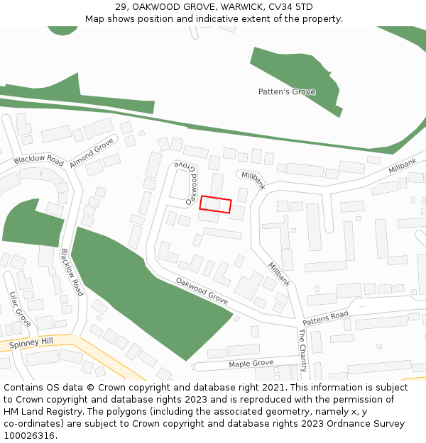 29, OAKWOOD GROVE, WARWICK, CV34 5TD: Location map and indicative extent of plot