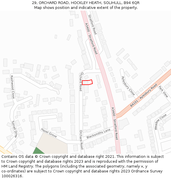 29, ORCHARD ROAD, HOCKLEY HEATH, SOLIHULL, B94 6QR: Location map and indicative extent of plot