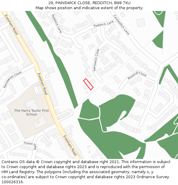 29, PAINSWICK CLOSE, REDDITCH, B98 7XU: Location map and indicative extent of plot