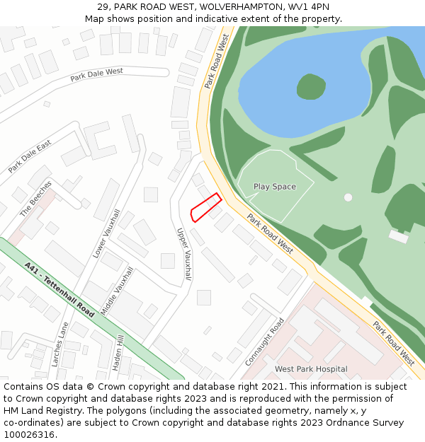 29, PARK ROAD WEST, WOLVERHAMPTON, WV1 4PN: Location map and indicative extent of plot