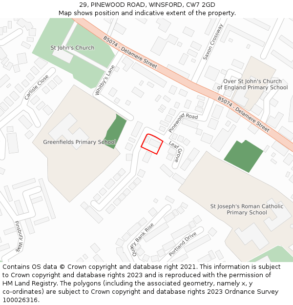 29, PINEWOOD ROAD, WINSFORD, CW7 2GD: Location map and indicative extent of plot