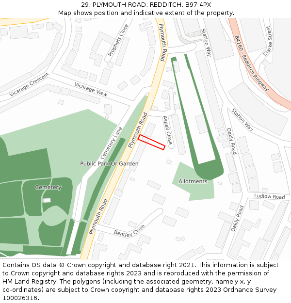 29, PLYMOUTH ROAD, REDDITCH, B97 4PX: Location map and indicative extent of plot