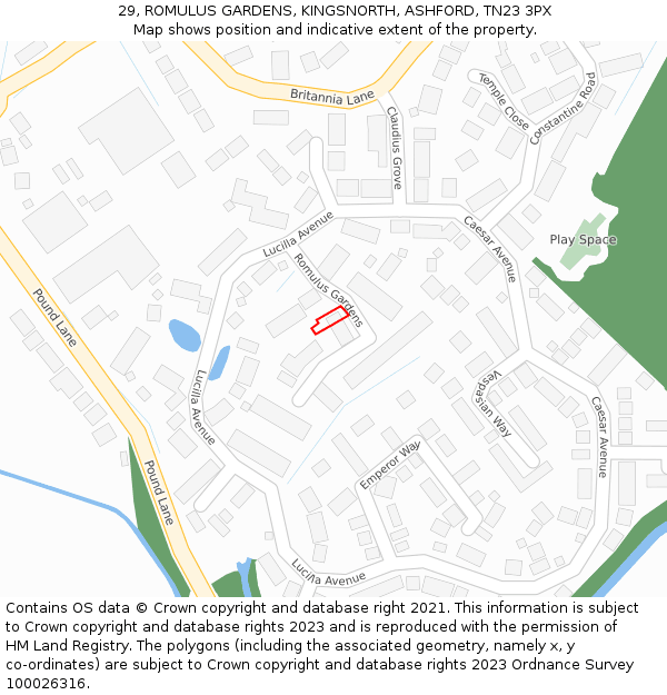 29, ROMULUS GARDENS, KINGSNORTH, ASHFORD, TN23 3PX: Location map and indicative extent of plot