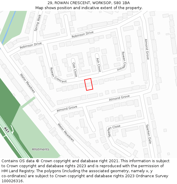 29, ROWAN CRESCENT, WORKSOP, S80 1BA: Location map and indicative extent of plot