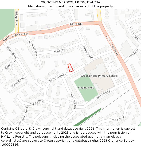 29, SPRING MEADOW, TIPTON, DY4 7BA: Location map and indicative extent of plot