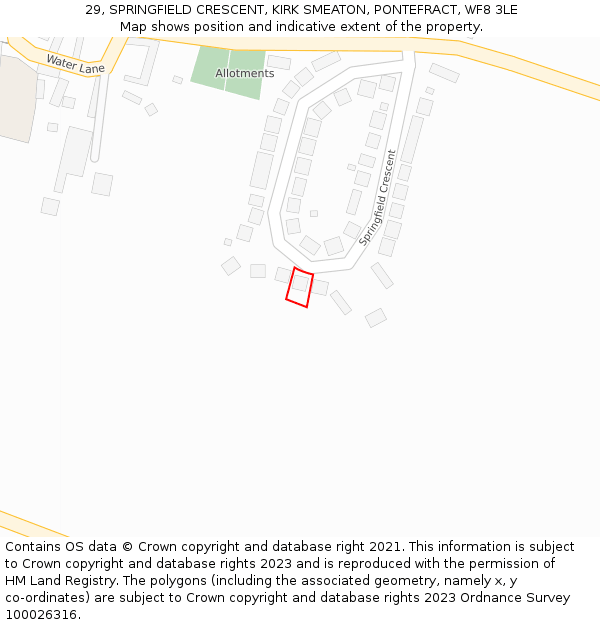 29, SPRINGFIELD CRESCENT, KIRK SMEATON, PONTEFRACT, WF8 3LE: Location map and indicative extent of plot