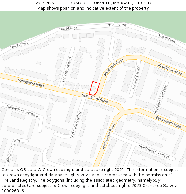 29, SPRINGFIELD ROAD, CLIFTONVILLE, MARGATE, CT9 3ED: Location map and indicative extent of plot