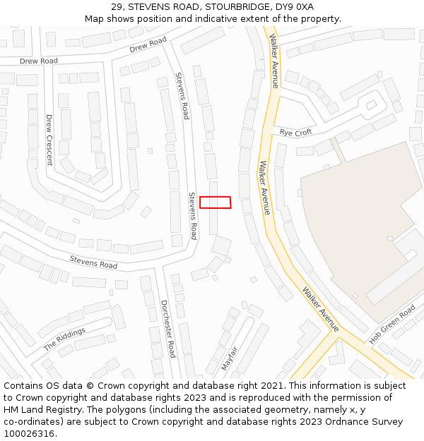 29, STEVENS ROAD, STOURBRIDGE, DY9 0XA: Location map and indicative extent of plot