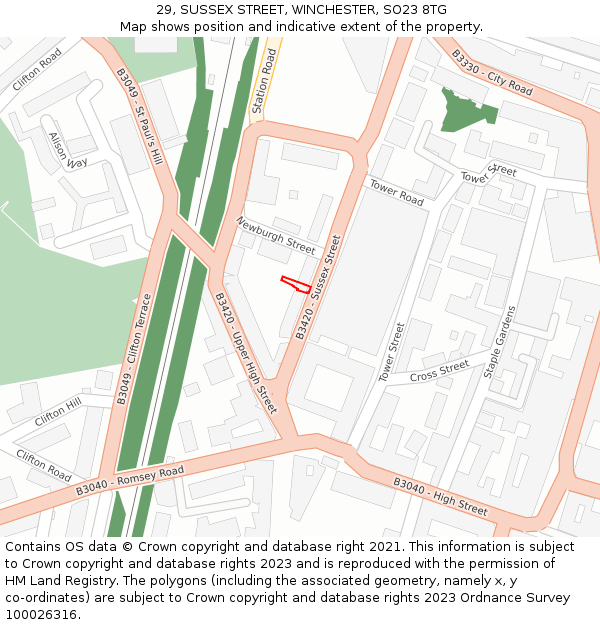 29, SUSSEX STREET, WINCHESTER, SO23 8TG: Location map and indicative extent of plot