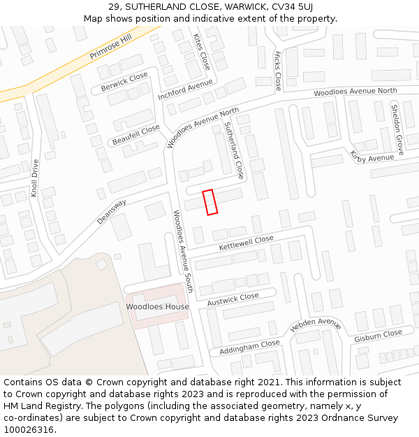 29, SUTHERLAND CLOSE, WARWICK, CV34 5UJ: Location map and indicative extent of plot