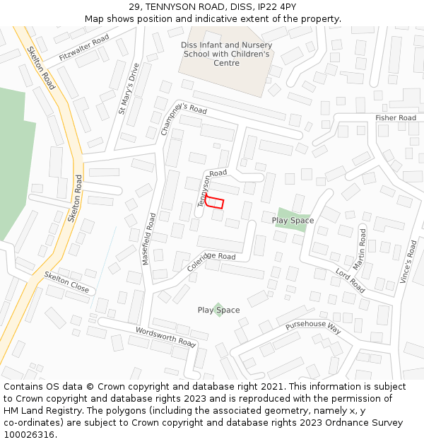 29, TENNYSON ROAD, DISS, IP22 4PY: Location map and indicative extent of plot