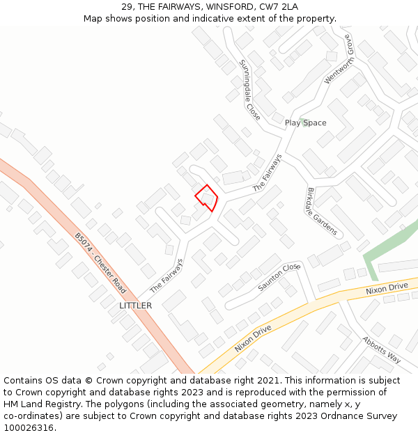 29, THE FAIRWAYS, WINSFORD, CW7 2LA: Location map and indicative extent of plot