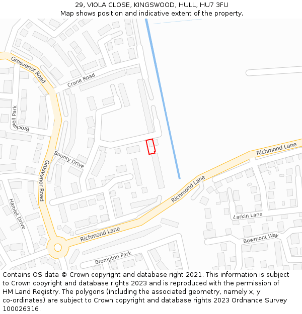 29, VIOLA CLOSE, KINGSWOOD, HULL, HU7 3FU: Location map and indicative extent of plot