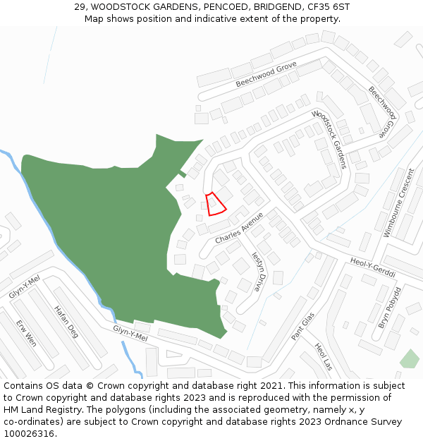 29, WOODSTOCK GARDENS, PENCOED, BRIDGEND, CF35 6ST: Location map and indicative extent of plot