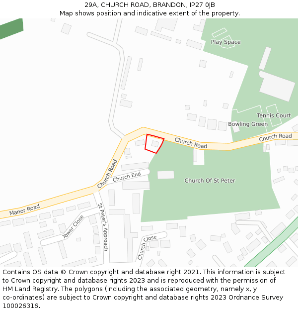 29A, CHURCH ROAD, BRANDON, IP27 0JB: Location map and indicative extent of plot