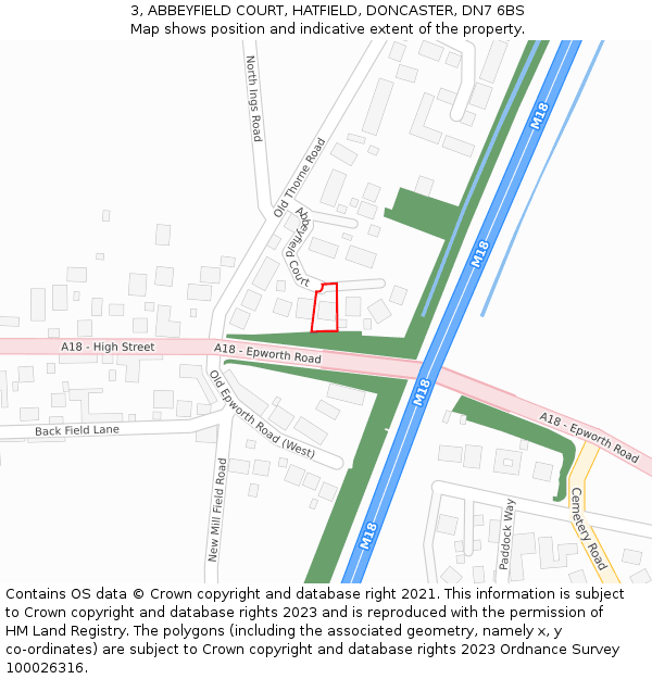 3, ABBEYFIELD COURT, HATFIELD, DONCASTER, DN7 6BS: Location map and indicative extent of plot