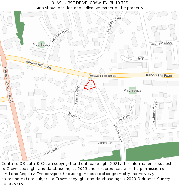 3, ASHURST DRIVE, CRAWLEY, RH10 7FS: Location map and indicative extent of plot