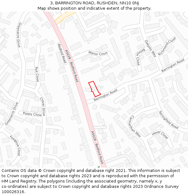 3, BARRINGTON ROAD, RUSHDEN, NN10 0NJ: Location map and indicative extent of plot