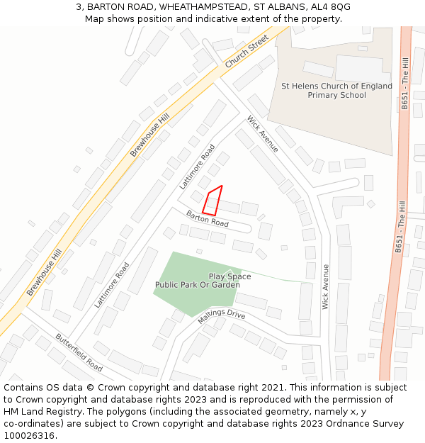 3, BARTON ROAD, WHEATHAMPSTEAD, ST ALBANS, AL4 8QG: Location map and indicative extent of plot