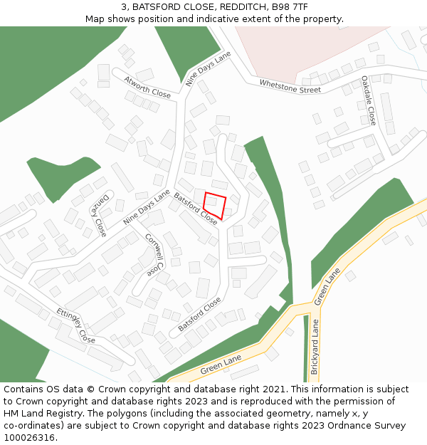 3, BATSFORD CLOSE, REDDITCH, B98 7TF: Location map and indicative extent of plot