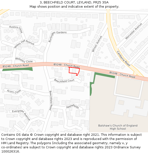 3, BEECHFIELD COURT, LEYLAND, PR25 3SA: Location map and indicative extent of plot