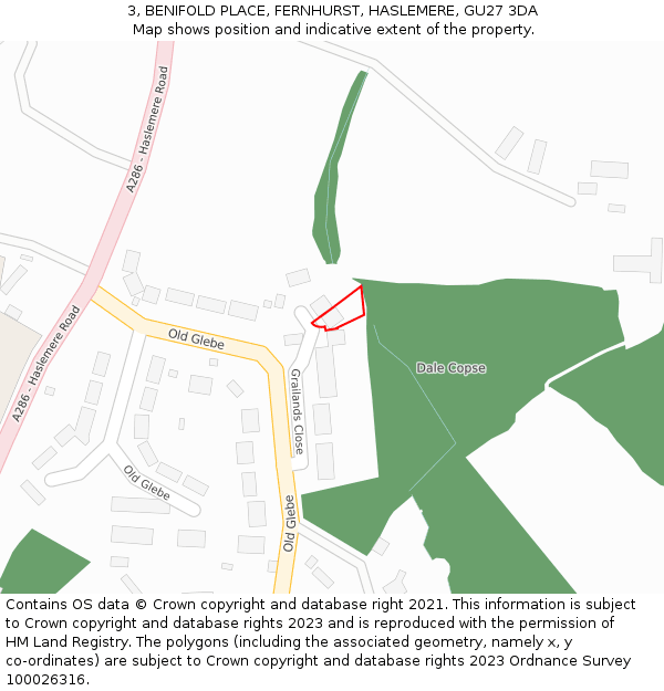 3, BENIFOLD PLACE, FERNHURST, HASLEMERE, GU27 3DA: Location map and indicative extent of plot