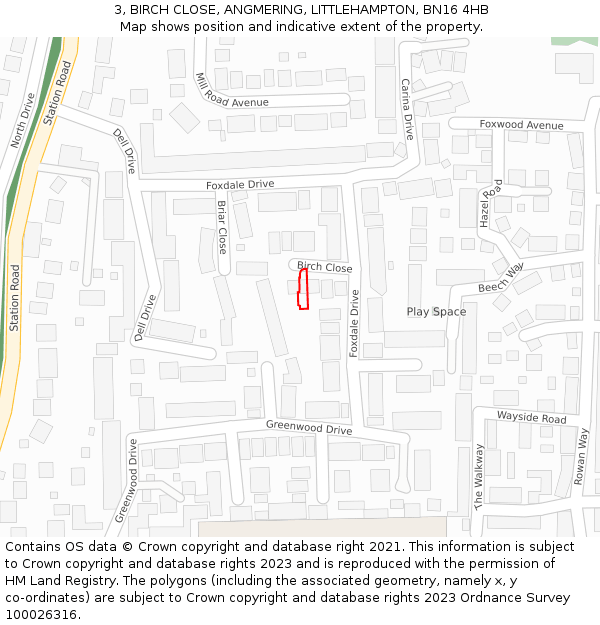3, BIRCH CLOSE, ANGMERING, LITTLEHAMPTON, BN16 4HB: Location map and indicative extent of plot