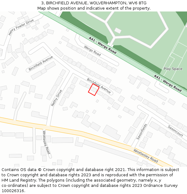 3, BIRCHFIELD AVENUE, WOLVERHAMPTON, WV6 8TG: Location map and indicative extent of plot