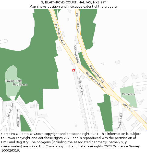 3, BLAITHROYD COURT, HALIFAX, HX3 9PT: Location map and indicative extent of plot