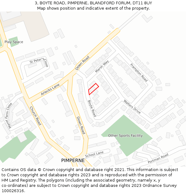 3, BOYTE ROAD, PIMPERNE, BLANDFORD FORUM, DT11 8UY: Location map and indicative extent of plot