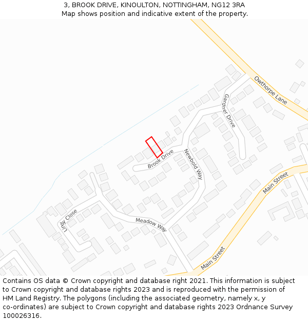 3, BROOK DRIVE, KINOULTON, NOTTINGHAM, NG12 3RA: Location map and indicative extent of plot