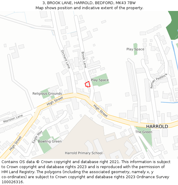 3, BROOK LANE, HARROLD, BEDFORD, MK43 7BW: Location map and indicative extent of plot